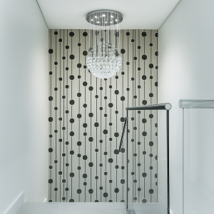 Modern hallway wall decorated with black vertical dotted line stencil pattern for a minimalist look