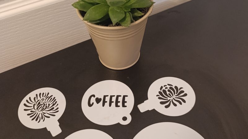 Mixed coffee stencils featuring smiley face, queen, coffee text, and floral designs
